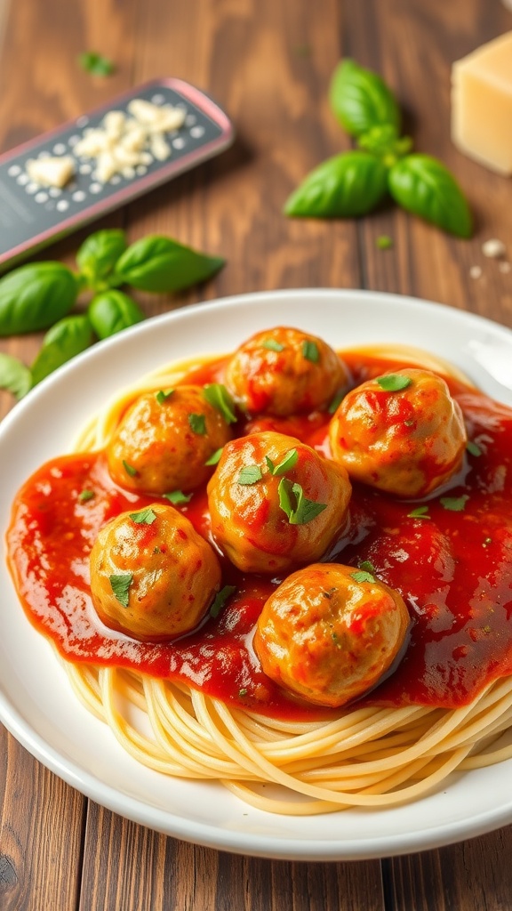 Golden baked meatballs in marinara sauce on a plate with spaghetti, garnished with parsley.
